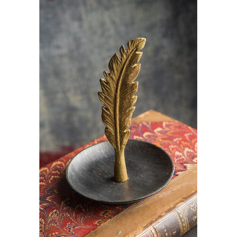 PEWTER FEATHER JEWELRY DISH IN GOLD AND BLACK FINISH